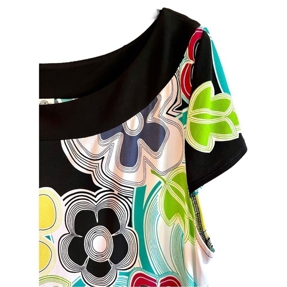 SANGRIA, SHIFT DRESS. BRIGHTLY COLORED PRINT WITH BLACK BANDED NECKLINE. SIZE 14 - Picture 4 of 7